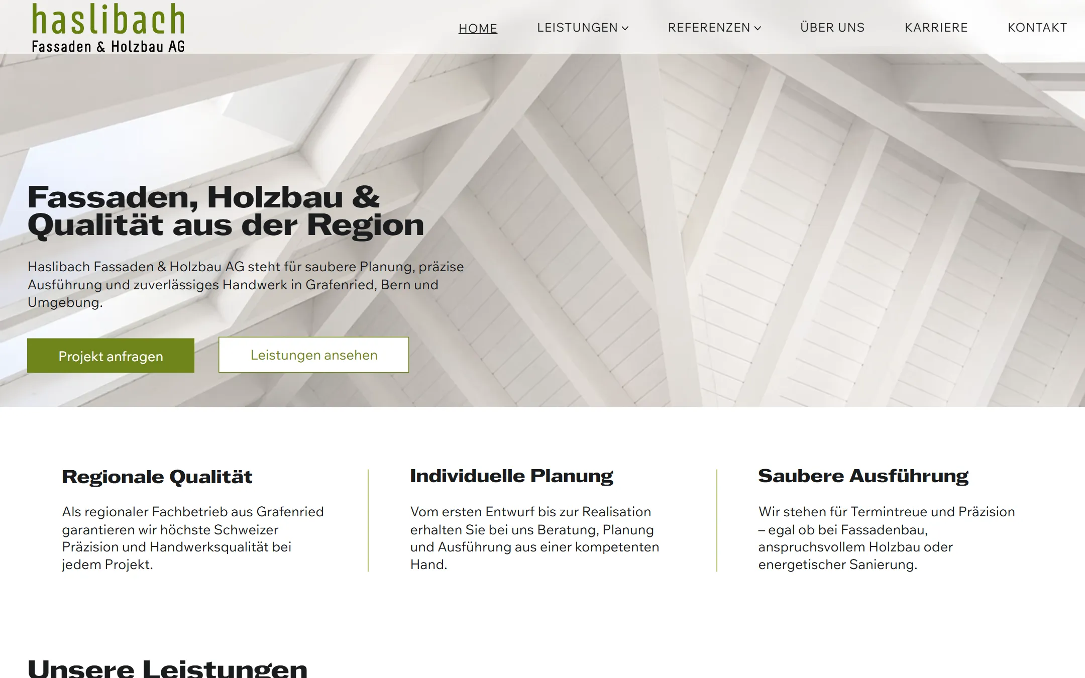 Startseite der Haslibach-Website in der Desktopansicht.