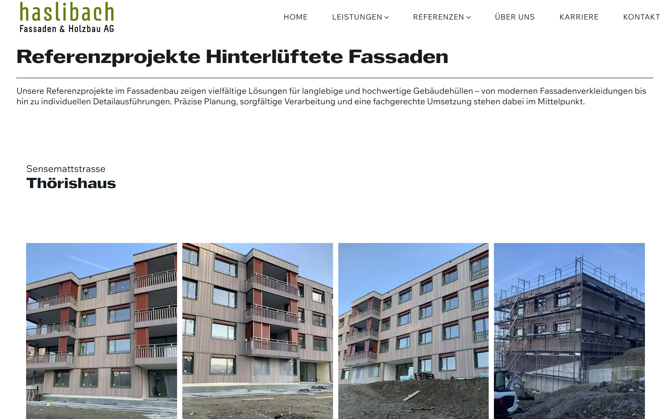 Referenzseite «Hinterlüftete Fassaden» mit Projekt Thörishaus und einer Bildreihe von Mehrfamilienhäusern.