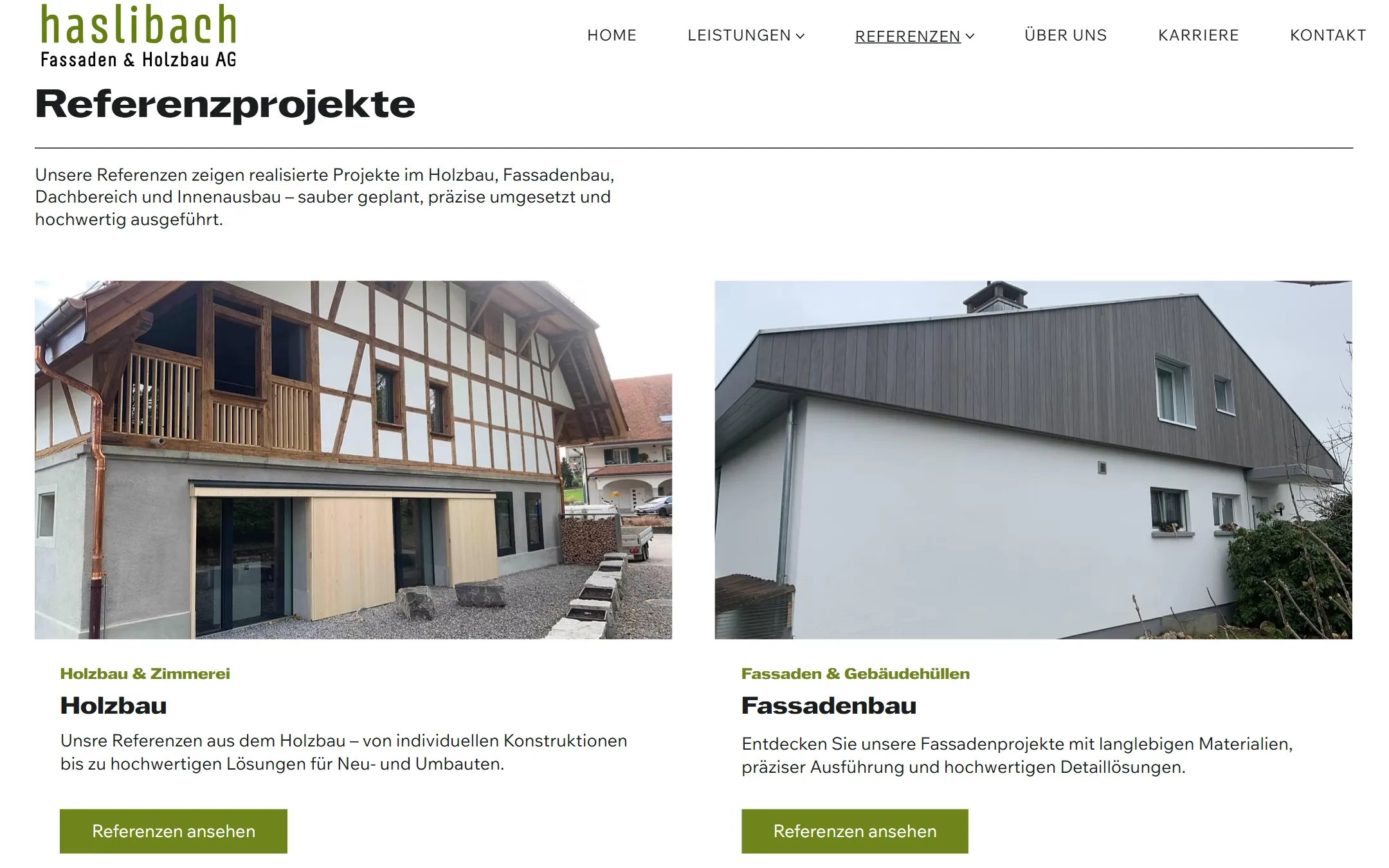 Referenzübersicht mit den Bereichen Holzbau und Fassadenbau, jeweils mit grossem Projektfoto und Button «Referenzen ansehen».
