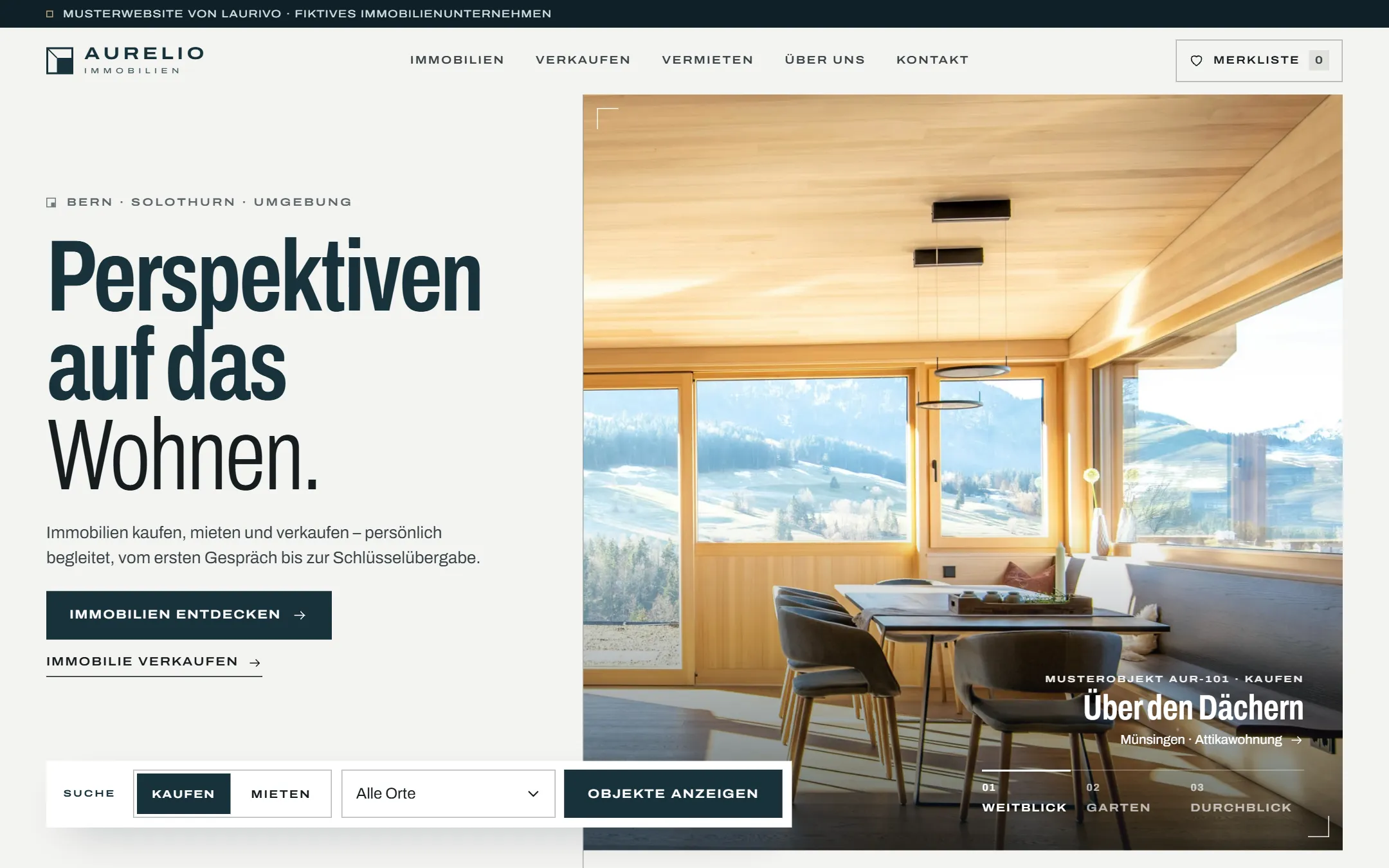 Startseite von Aurelio Immobilien in der Desktopansicht: Überschrift «Perspektiven auf das Wohnen.», daneben eine Attikawohnung mit Holzdecke und Bergblick, unten eine Suchleiste für Kaufen oder Mieten.