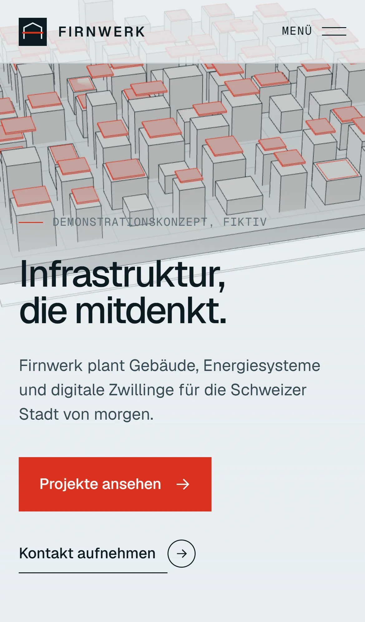 Startseite von Firnwerk auf dem Smartphone mit Stadtmodell und Überschrift.