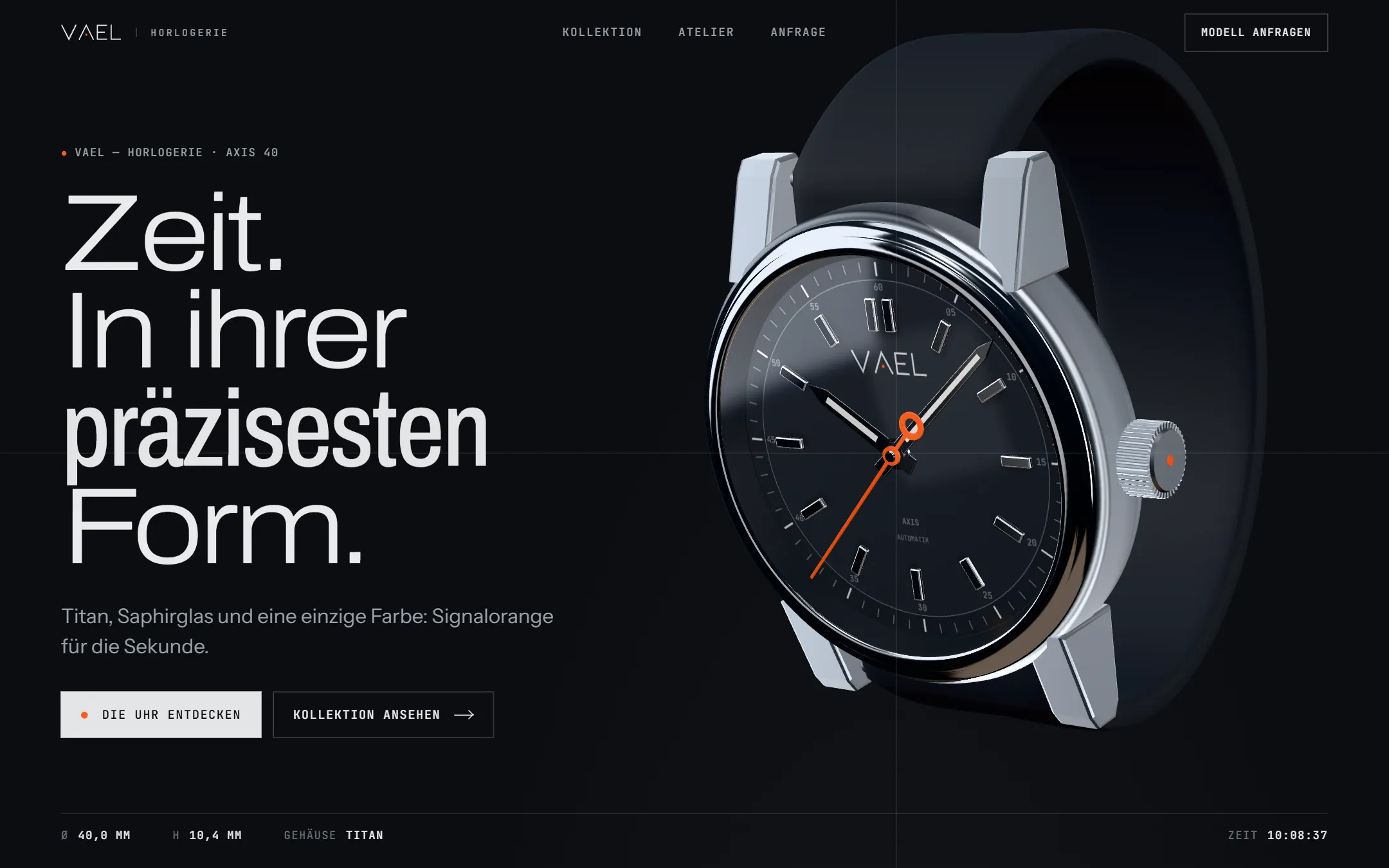 Startseite von VAEL — Horlogerie in der Desktopansicht: auf dunklem Grund die Überschrift «Zeit. In ihrer präzisesten Form.» neben einer grossen Titanuhr mit orangem Sekundenzeiger.